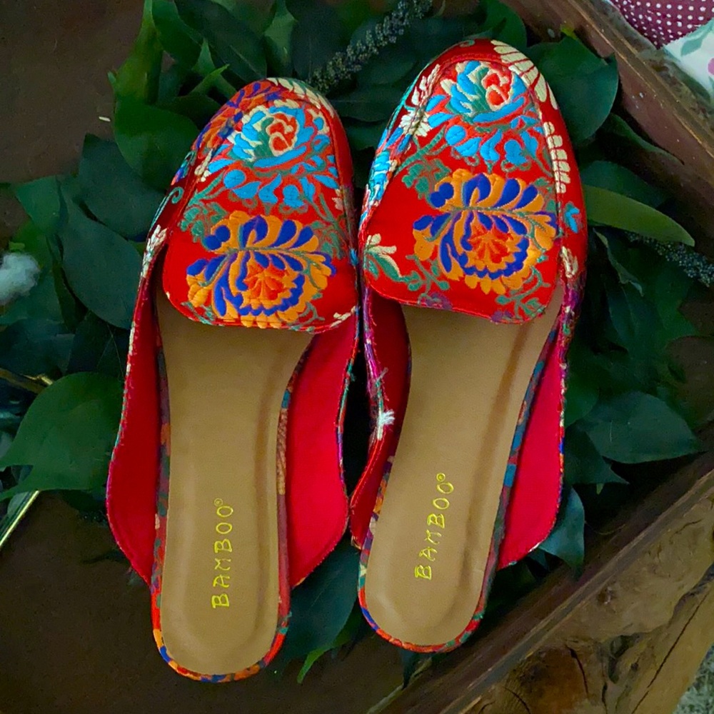 Red silk mules